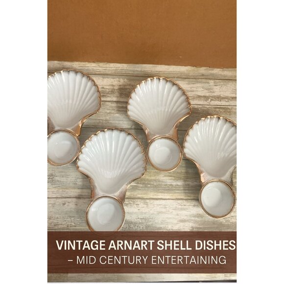 4 X Vintage Arnart 5th Ave Shell Seafood Plates w/ Sauce Cup – Hand Painted MCM - Picture 1 of 13